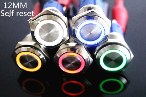 1pcs 12mm Waterproof Flat Round Stainless Steel Metal Push Button Switch Colorful LED Light Shine Car Self reset ► Photo 1/1