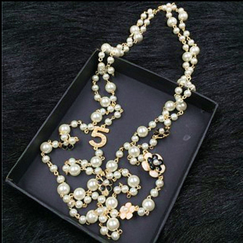 Chanel Long Necklace Pearls  Necklace Long Luxury Camellia - Luxury Pearl  Sweater - Aliexpress