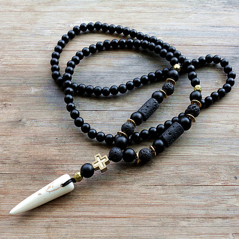 New Design Black BLava Stones Bead with Hematite cross charm pendant necklace Men's Bead Necklace ► Photo 1/6