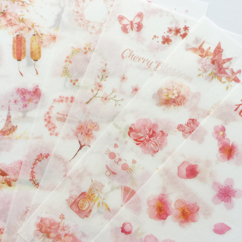 6 Sheets /Pack Romantic Spring Sakura Washi Paper Adhesive Decorative Label Stickers Stick Decoration Stickers ► Photo 1/6