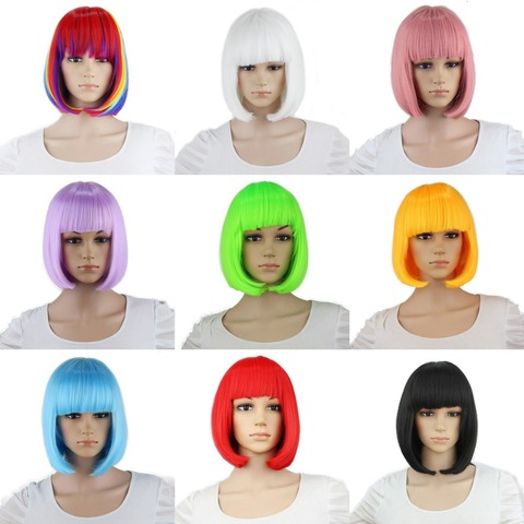 Yiyaobess Synthetic 10inch Straight Short Bob Wigs Bangs Blue Golden Red Black White Purple Pink Green Brown Cosplay Wig Female ► Photo 1/6