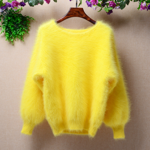 Elegant Fashion Fluffy short women winter 100% long mink cashmere angora fur warm lantern batwing long sleeves Pullover sweater ► Photo 1/6