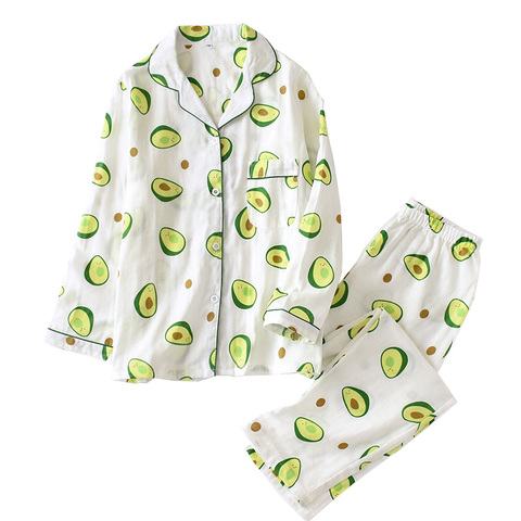 2022 Ladies Pajamas Set 100% Gauze Cotton Cartoon Avocado Printed 2Pcs Turn-down Neck Shirt+Pants Comfort Fresh And Nature Women ► Photo 1/5
