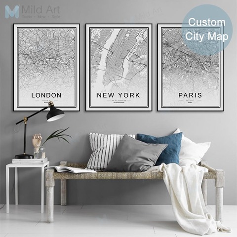 Black White Custom World City Map Paris London New York Posters Nordic Living Room Wall Art Pictures Home Decor Canvas Paintings ► Photo 1/6