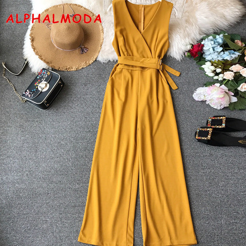 ALPHALMODA 2022 Spring Ladies Sleeveless Solid Jumpsuits V-neck High Waist Sashes Women Casual Wide Leg Rompers ► Photo 1/6