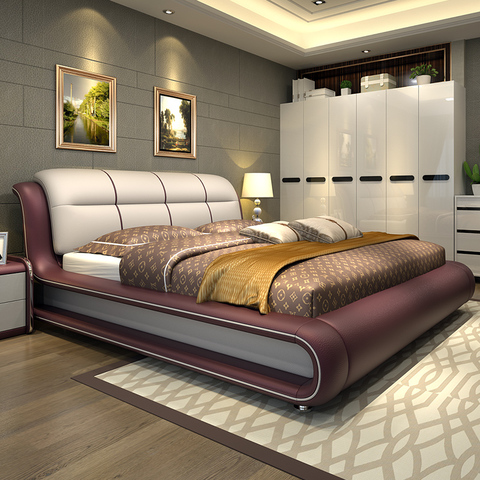Modern Bedroom Furniture Bed With, Genuine Leather Bed Sofa
