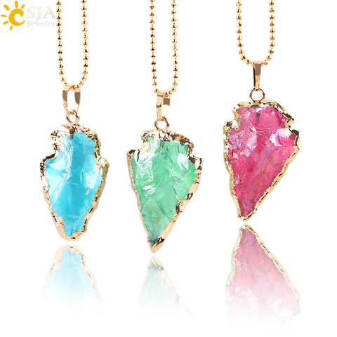 CSJA Raw Natural Arrowhead Crystal Quartz Pendant Red Blue Green Gem Stone Gold Color Necklaces Statement Healing Jewellery E634 ► Photo 1/6