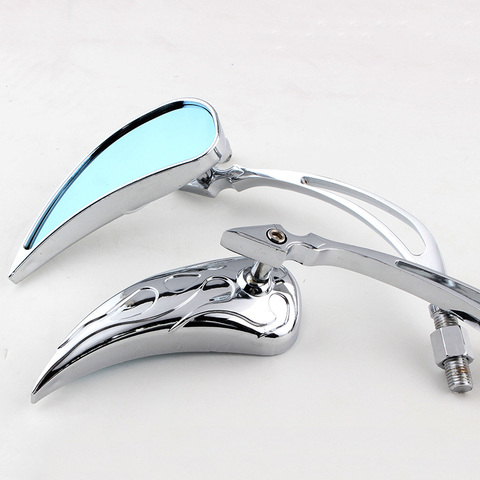 CHROME MOTORCYCLE FLAME TEARDROP MINI MIRRORS 8MM 10MM REAR VIEW SIDE MIRROR ► Photo 1/1