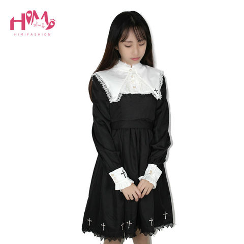 2022 Japanese Harajuku Black Lolita Vintage Dresses For Cute Girl Gothic Cosplay Cross-Shaped Women Long Sleeve Kawaii Dress ► Photo 1/6