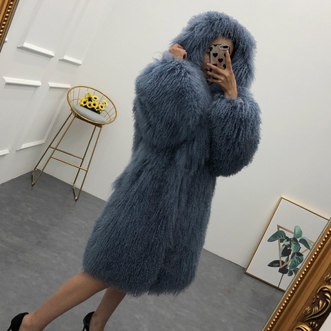 Women real mongolian sheep fur coat hooded o-neck medium long