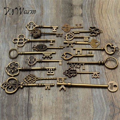KiWarm Vintage Set Of 18 Antique Vintage Old Look Bronze Skeleton Key Heart Bow Lock pendant Necklace Hanging Decor DIY Crafts ► Photo 1/5