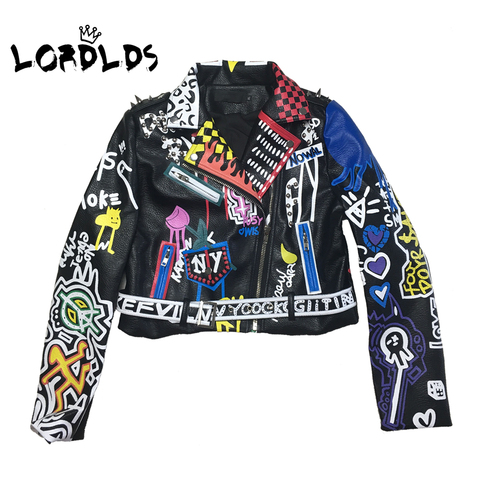 LORDLDS Leather Jacket Women Graffiti Colorful Print Biker Jackets and Coats PUNK Streetwear Ladies Clothes ► Photo 1/6