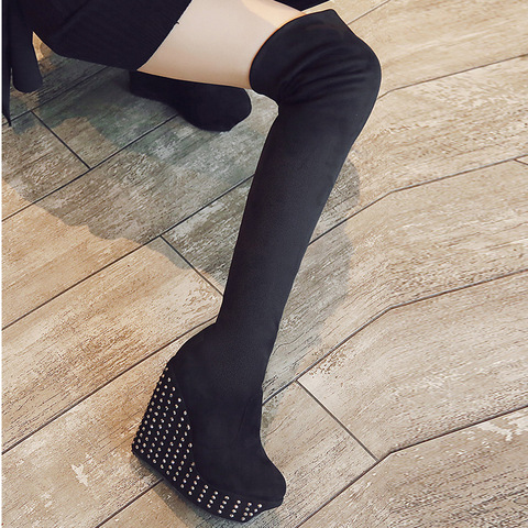 Rivet Wedges Platform Over The Knee Boots Winter Women Thick Bottom High Heels Shoes Woman Flock Lace Up Thigh High Boots WB1420 ► Photo 1/1