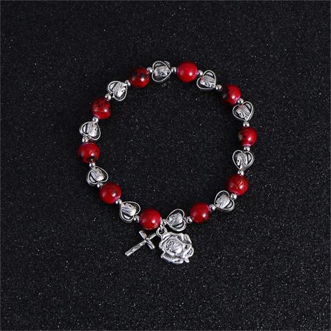 Komi Christian Handmade Rosary Bracelet St Mary Red Stone Beaded Rose Cross Classic Adjustable Bracelets Jewelry Gift R-082 ► Photo 1/6