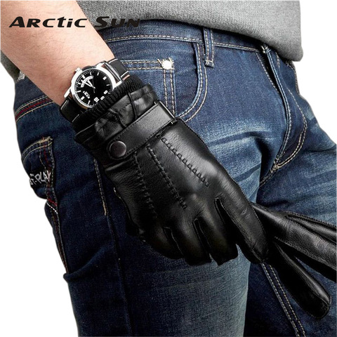 Fashion Solid Black Men Sheepskin Gloves With Button Wrist Male Genuine Leather Winter Warm Driving Glove Free Shipping M016WZ ► Photo 1/6