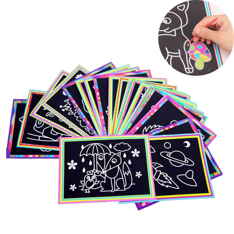 10Pcs Magic Scratch Art Paper Coloring Cards Scraping Drawing Toy For Child Kid 