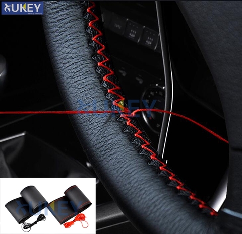 DIY Genuine Leather Steering Wheel Cover - Black & Red, Includes Needle & Thread