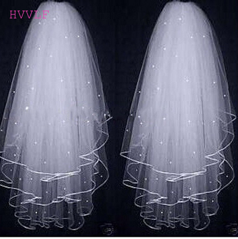 In Stock Cheap Velos de Noiva Three Layers Ribbon Edge Wedding Veil With Pearls White Ivory Short 3 Layers Bridal Veil ► Photo 1/1