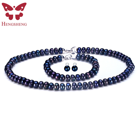 HENGSHENG 2022 New Black Pearl Jewelry Set For Women,Natural Black Pearl Stud Earrings&Bracelet&Necklace Fashion Jewelry Sets ► Photo 1/5