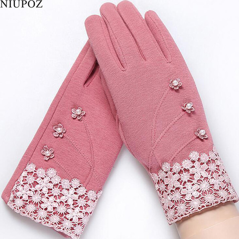 Fashion Elegant Womens Touch Screen Gloves Winter Ladies Lace Warm Cashmere Bow Full Finger Mittens Wrist Guantes Gift 16A-F ► Photo 1/5
