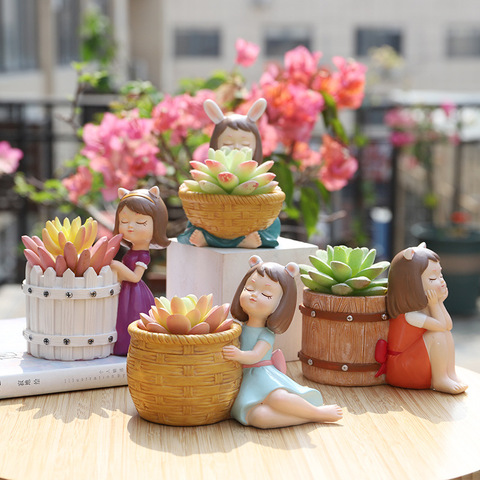 1pc Fairy Garden Flowerpot Cute Girl Succulent Planter Plants Pot Home Garden Decoration Craft Girl Figurine with drainage hole ► Photo 1/1