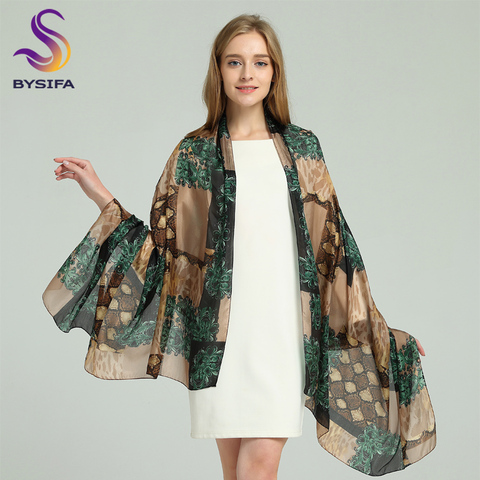 [BYSIFA] Brand Blue Green Silk Scarf Shawl Female Accessories Spring Autumn Floral Pattern 100% Silk Women Long Scarves Wraps ► Photo 1/6