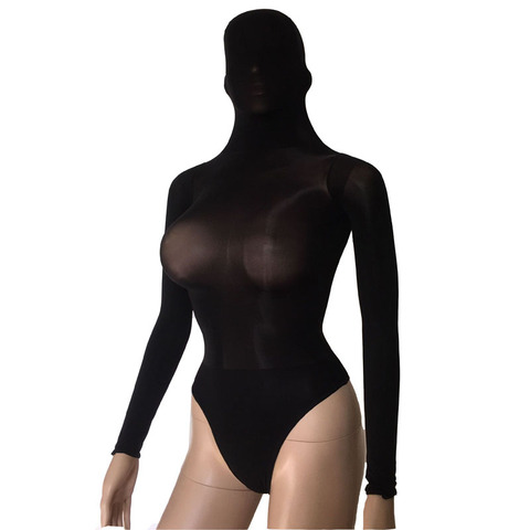 Sexy See Through Oil Glossy Shiny Hooded Leotard Body Stockings Stretchy Mini Dress Long Sleeve Bodysuit Lingerie ► Photo 1/4