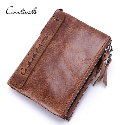 CONTACT'S 100% Genuine Leather Men's Wallets Luxury Brand Short Double Zipper Male Coin Purse Small Wallet For men Card Holders ► Photo 1/6