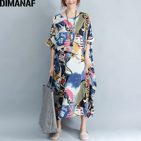 DIMANAF Plus Size Dress Women Summer Pattern Patchwork Print Vintage Linen Dress Female Casual Fashion Oversize Elegant Dresses ► Photo 1/6