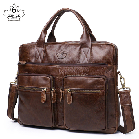 Men's Briefcase Tote Genuine leather men messenger bags travel laptop bag business Leather shoulder laptop bag men bag ZZNICK ► Photo 1/6
