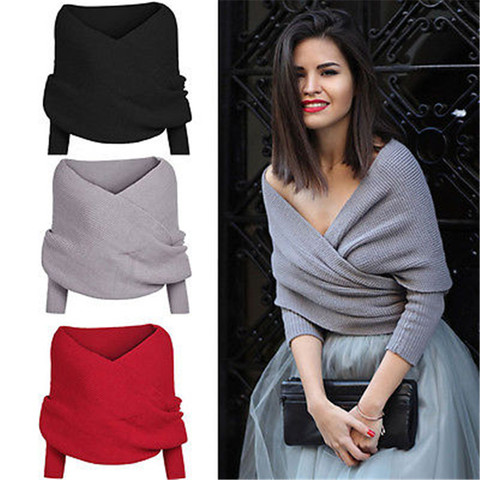 Women Sexy V-neck Wrap Sweaters Chunky Knitted Sweater Off Shoulder Long Sleeve Female Loose Oversized Scarf ► Photo 1/6