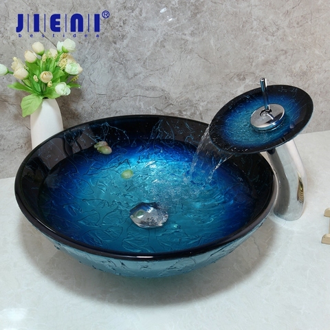 JIENI Hand Painted Blue Tempered Glass Basin Sink Washbasin Faucet Set Bathroom Counter top Washroom Vessel Vanity Sink Mixer ► Photo 1/6