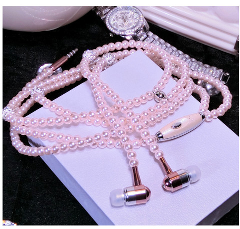 New Pink rhinestone Jewelry Pearl Necklace Earphones With Microphone Earbuds for iphone Xiaomi Brithday Gift ► Photo 1/6