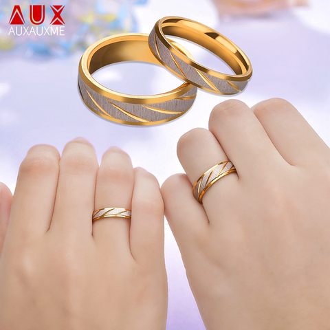 Auxauxme Titanium Steel Engrave name Lovers Couple Rings Gold Wave Pattern Wedding Promise Ring For Women Men Engagement Jewelry ► Photo 1/5