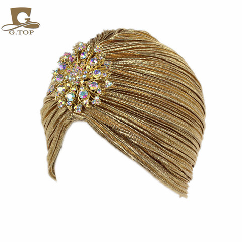 New Fashion Ladies Gold Silver Diamond Jewel Turban Hats For Women Chemo Bandana Hijab Pleated Indian Cap Turbante Hat ► Photo 1/6