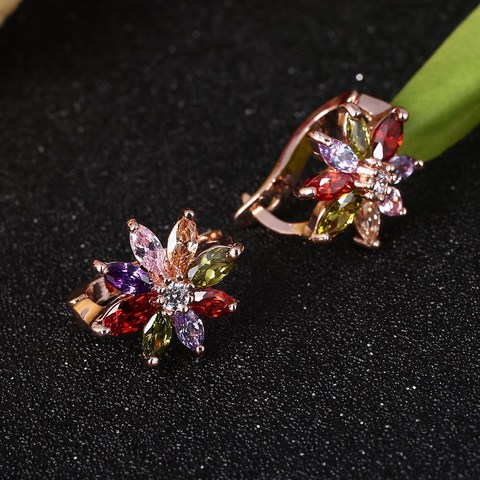 Fashion Kolczyki Rose Gold Color Hoop Earrings Flower Colorful Crystal Zirconia Stone Earrings For Women Jewelry Brincos ► Photo 1/6
