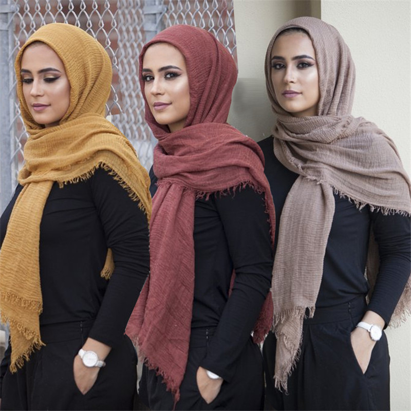 Muslim Women Cotton Linen Crinkle Scarf Islamic Soft Long Hijab Wrap Shawl Stole