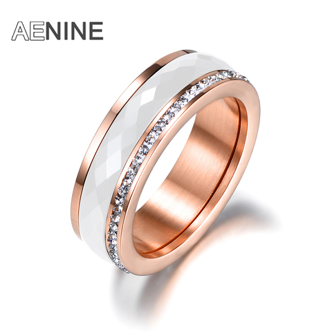 AENINE Classic Titanium Steel White Ceramics Rings Jewelry Gold Color Cubic Zirconia Wedding Engagement Rings For Women AR18056 ► Photo 1/6