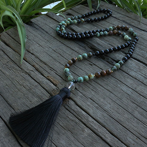 8mm African Turquoise And Onyx Beads Necklace, Confidence And Lucky JapaMala, 108 Bead Mala, Mala Jewelry, Mala Prayer Beads ► Photo 1/4