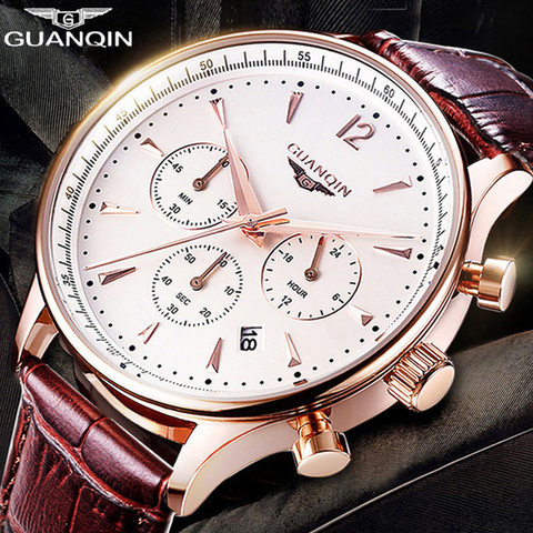 GUANQIN Mens Watches Top Brand Luxury Chronograph Military Sport Quartz Watch Classics Men Casual Retro Leather Strap Wristwatch ► Photo 1/6