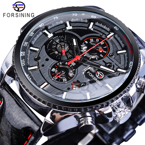Forsining Watch Men Sport Mechanical Wristwatch Automatic Self-Wind Clock Date 3 Dials Shiny Leather Business Waterproof Relogio ► Photo 1/6