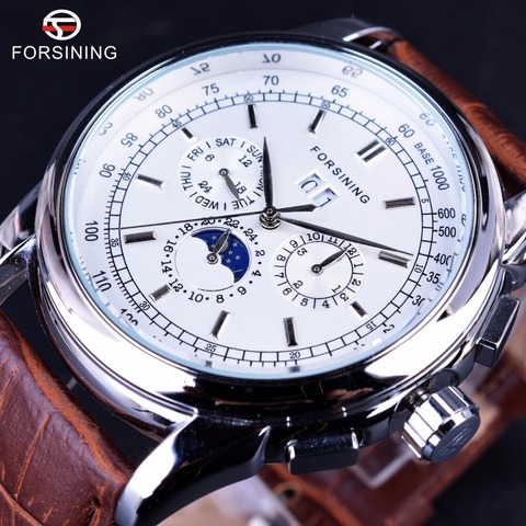 Forsining Moonphase Calendar Display Brown Leather ShangHai High Grade Automatic Movement Mens Watches Top Brand Luxury Watches ► Photo 1/5