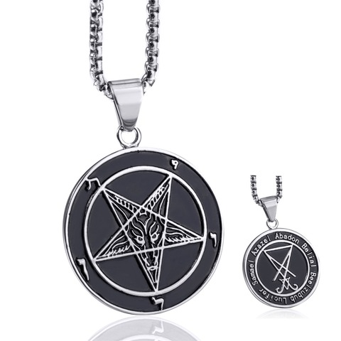 Men Stainless Steel Pendant Necklace Seal of Satan Sigil of Lucifer Both Sided Baphomet Goat Devil Inverted Pentagram Chain ► Photo 1/6
