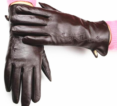 Leather Gloves Women's Fashion Chain Flower Style Multiple Colors Fleece Lining Autumn Warmth Ms. Sheepskin Finger Gloves ► Photo 1/1