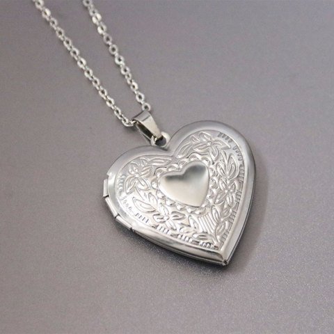 Everfast 1pc Engraved Heart Photo Frame Love Heart Pendant Necklaces Stainless Steel Charms Locket Necklace Women Memory Jewelry ► Photo 1/6