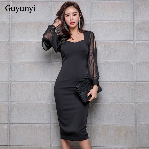 Black Elegant Office Dress 2022 Spring High Waist Tight Dress Chiffon Stitching Nine-Point Sleeves Athens Party Women's Dresses ► Photo 1/6