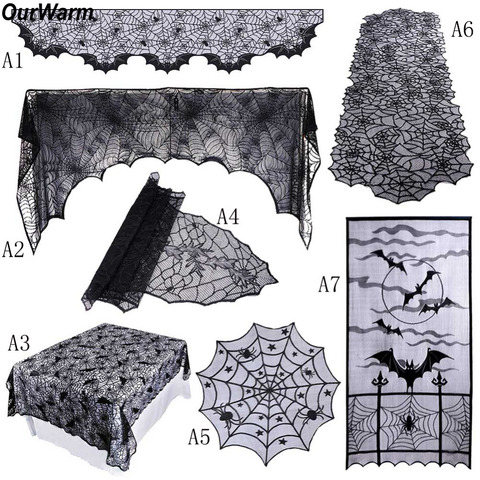 Ourwarm Halloween Party Black Lace Spiderweb Fireplace Mantle Scarf Table Cloth Horror Props Halloween Party Favor Decoration ► Photo 1/6