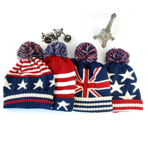 Men Winter Pom Poms ball Knitted Cap For Women Unisex Casual British and American national flag hats Skullies Beanie hat Gorros ► Photo 1/6