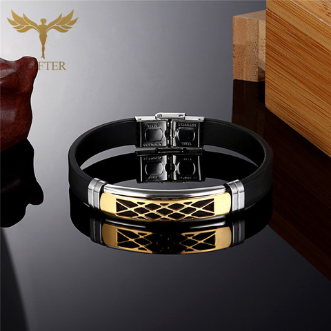 FGifter Fashion Golden Stainless Steel Cuff Bracelet Black Silicone Bracelet Ladies Men Girls Boys Jewelry Accessories Gifts ► Photo 1/6