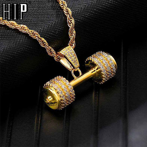 Hip Hop Iced Out Bling Rhinestone Rope Chain Barbell Gym Fitness Dumbbell Gold Color Hand Pendants &Necklaces For Men Jewelry ► Photo 1/6